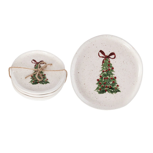 Transpac Cer App Plate Holiday Tree S/4