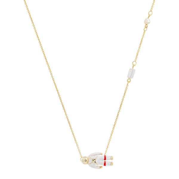 Tai Gold chain necklace (brass) with astronaut charm (2 cm - length), Moonstone length: 0.5cm (3.7mm x 6.7mm), Small pearl size: 4-5mm, Necklace length: 19 inches + 2 inch extension