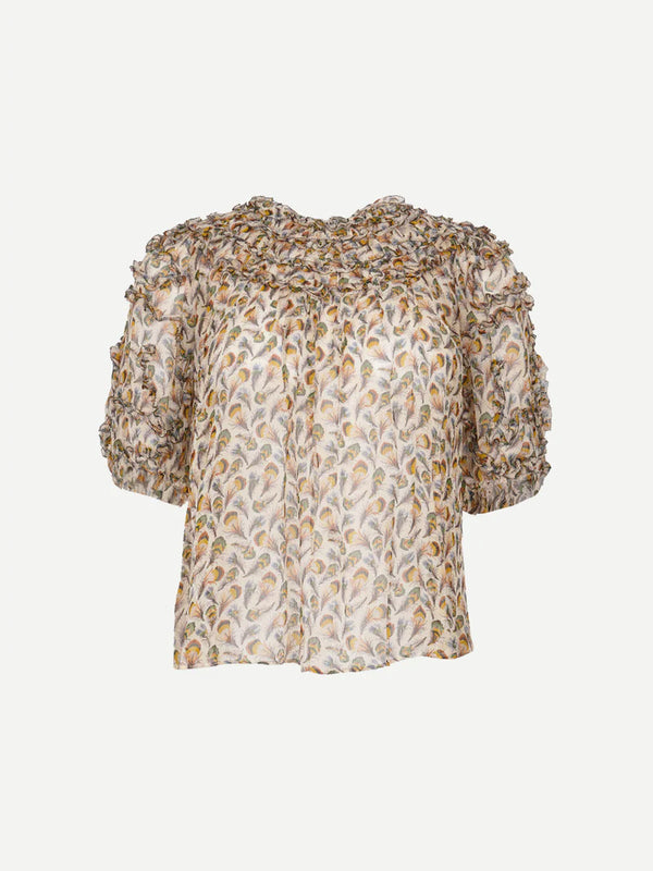Ulla Johnson Isolda Silk Smocked Short Sleeve Blouse Swan