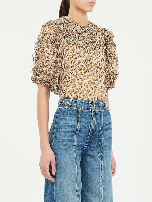 Ulla Johnson Isolda Silk Smocked Short Sleeve Blouse Swan