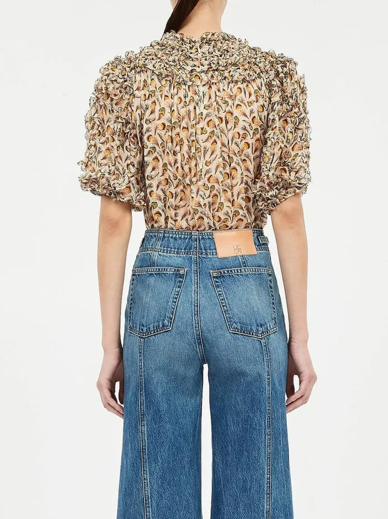 Ulla Johnson Isolda Silk Smocked Short Sleeve Blouse Swan