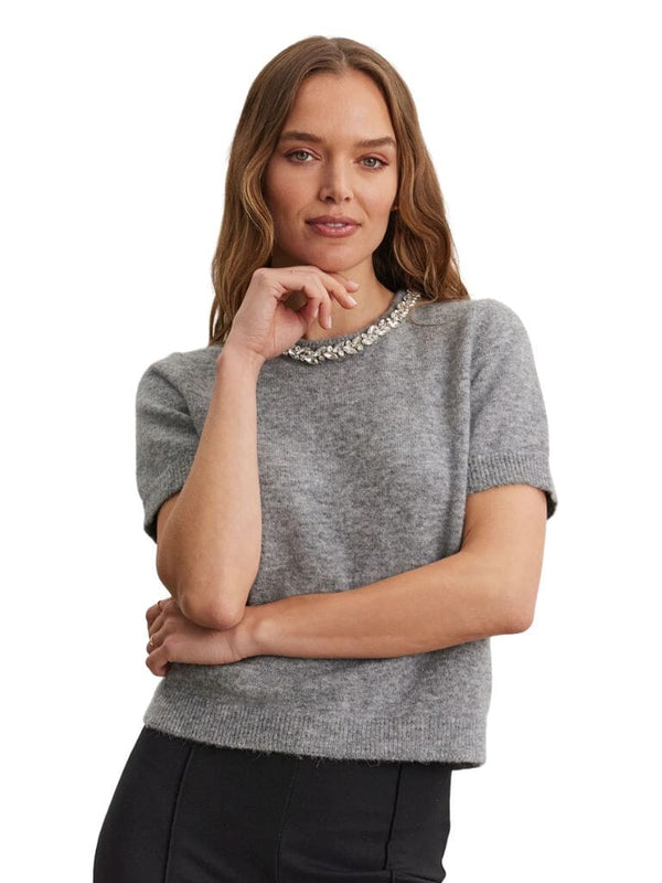 Velvet Layton Rhinestone Knit Top Heather Grey