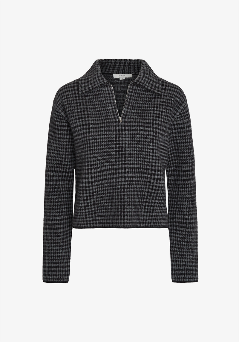 Vince Plaid Wool-Cashmere Half-Zip Pullover Heather Smoke/Black Combo