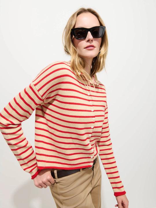 Alex Mill Taylor Striped Cardigan in Cotton Cashmere Latte/Bright Flame