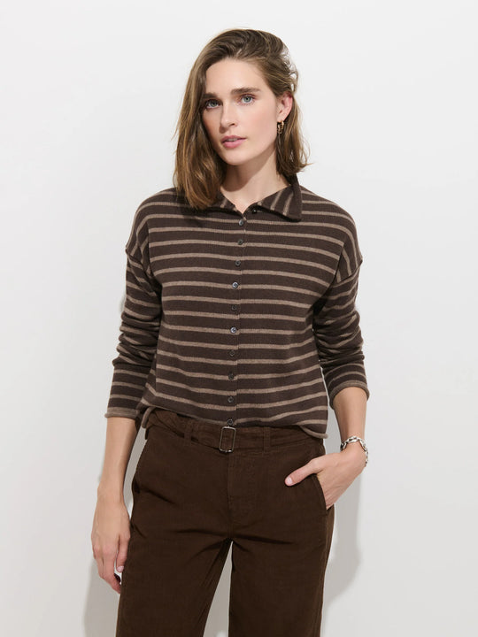 Alex Mill Taylor Striped Cardigan in Cotton Cashmere Chocolate/Truffle