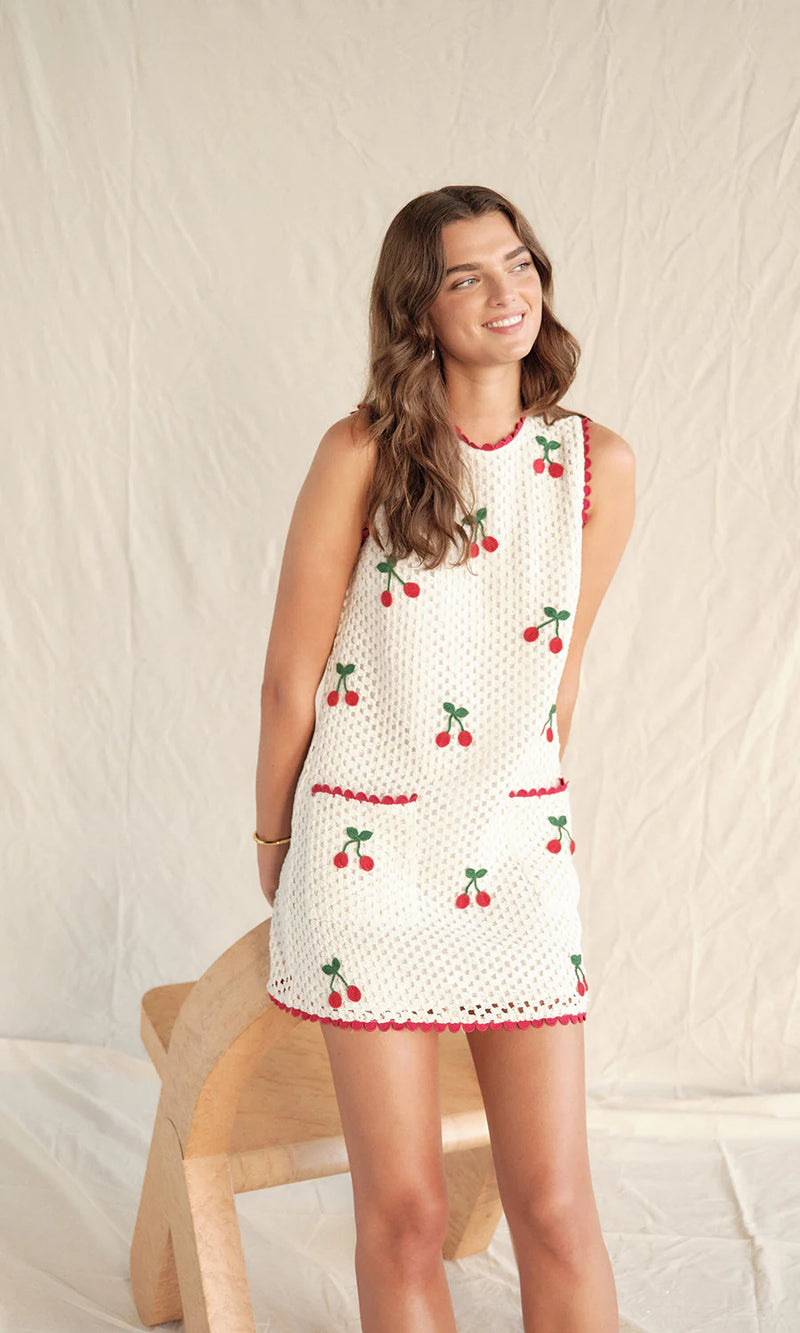 Saylor Wynn Cherry Mesh Crochet Mini Dress