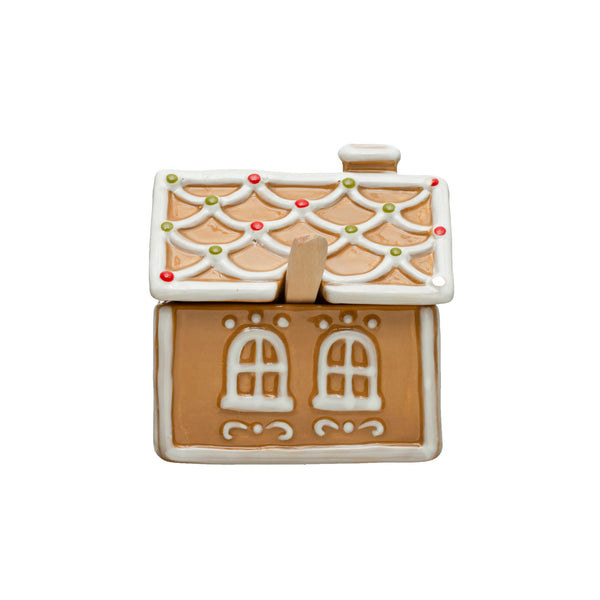 8 oz. Hand-Painted Ceramic Gingerbread House Sugar Pot w/ Wood Spoon, Multi Color, Set of 2