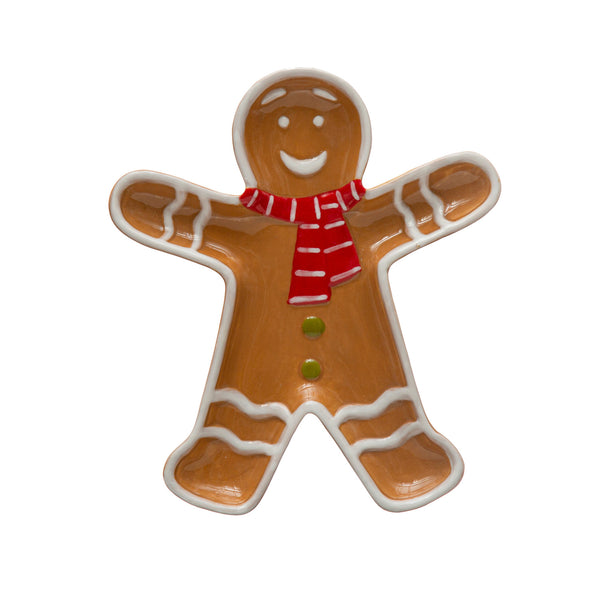 Hand-Painted Ceramic Gingerbread Man w/ Scarf Shaped Platter, Brown, Red & White
