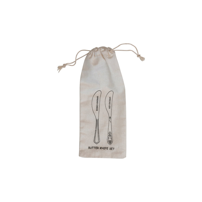 6"L Brass Canape Knives "Spread Cheer/Spread Joy", Set of 2 in Printed Drawstring Bag