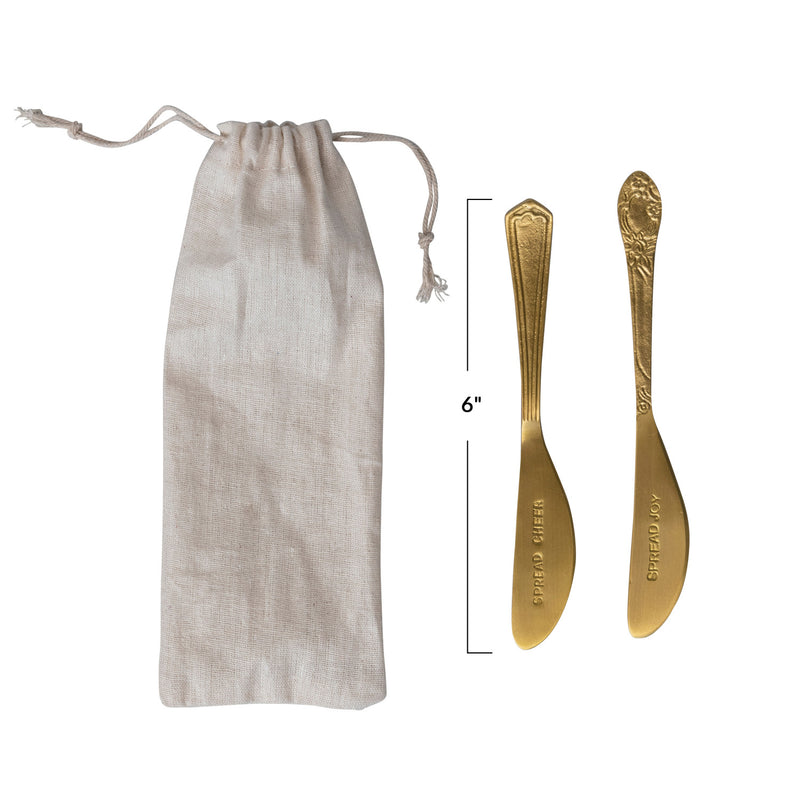 6"L Brass Canape Knives "Spread Cheer/Spread Joy", Set of 2 in Printed Drawstring Bag