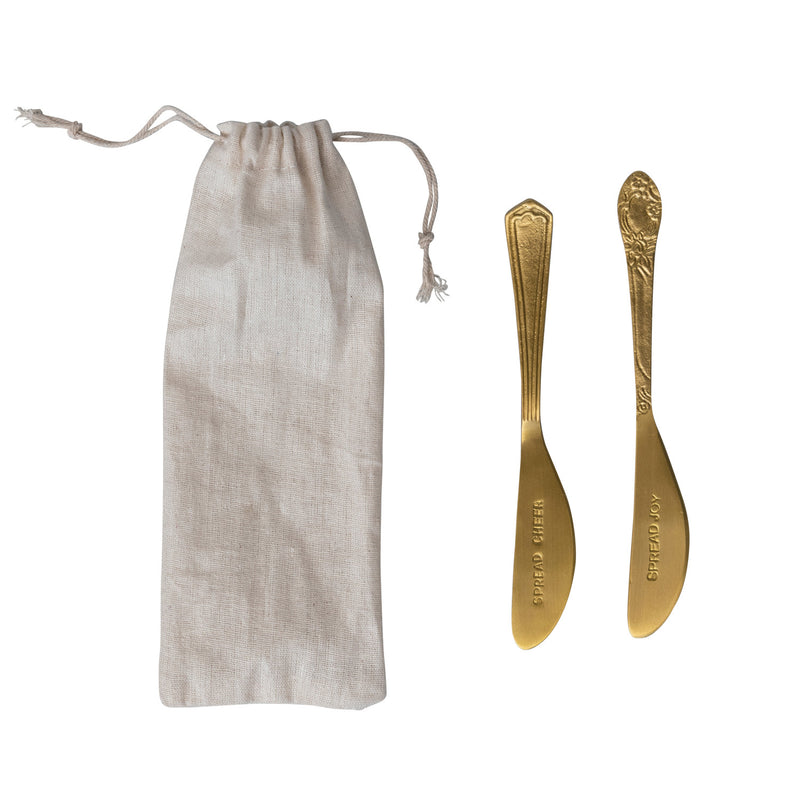 6"L Brass Canape Knives "Spread Cheer/Spread Joy", Set of 2 in Printed Drawstring Bag