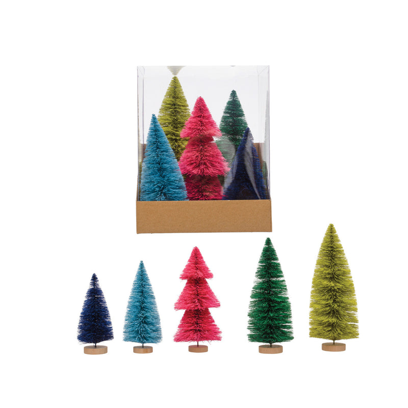 5-3/4"H - 10"H Sisal Bottle Brush Trees w/ Wood Bases, Multi Color, Boxed Set of 5