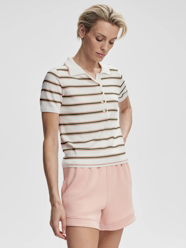 Varley Faustine Button Neck Polo - White Pink Ivy Stripe