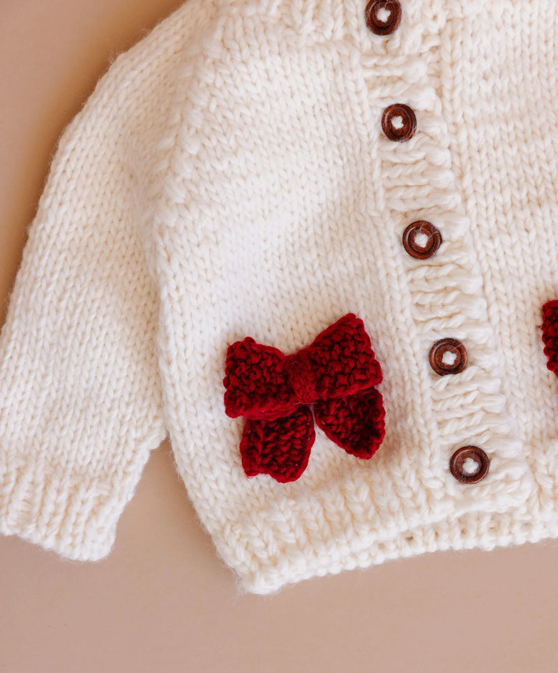The Blueberry Hill Bow Cardigan, Cream/Red