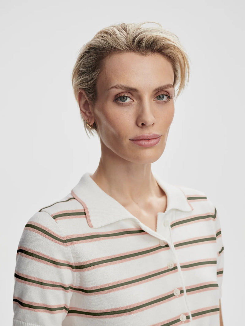 Varley Faustine Button Neck Polo - White Pink Ivy Stripe