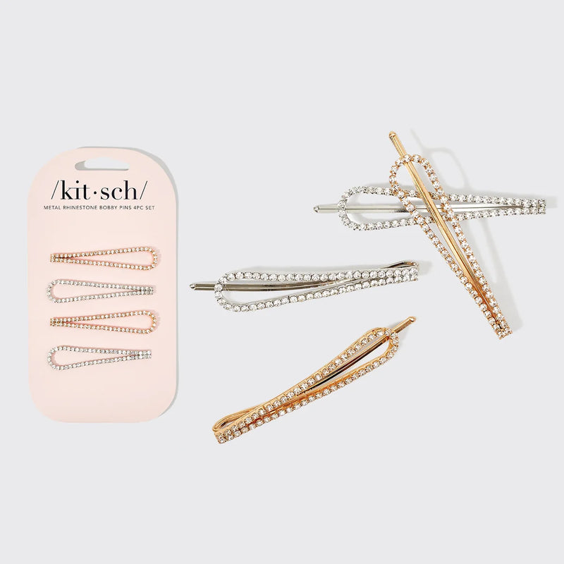 Kit.Sch Metal Rhinestone Drop Bobby Pins 4pcs - Gold and Silver