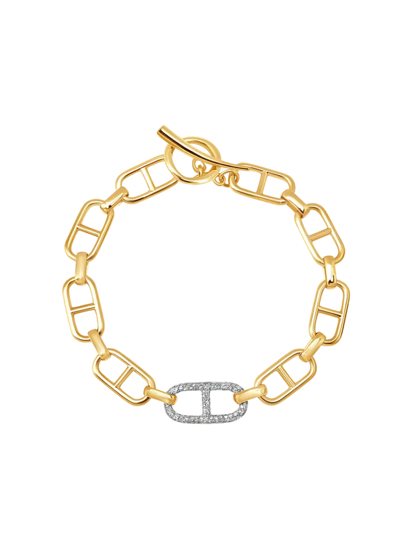 Gabriela & Co SS25 Stirrup Chain with Stirrup Pave Link Bracelet in 14K gold and Link with Pave Diamonds 7"