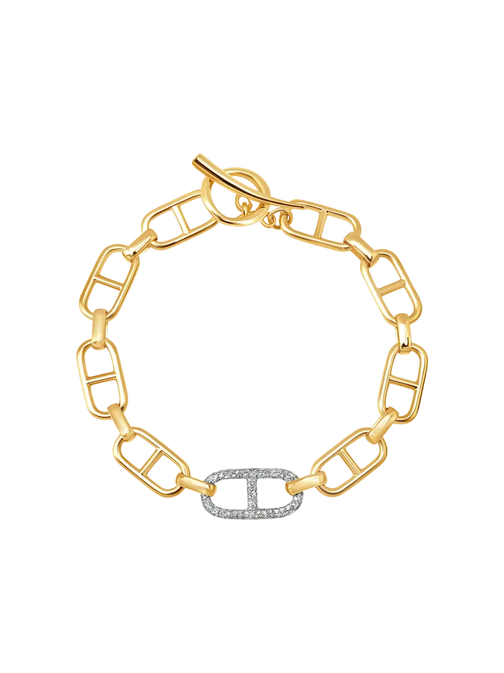 Gabriela & Co SS25 Stirrup Chain with Stirrup Pave Link Bracelet in 14K gold and Link with Pave Diamonds 7"