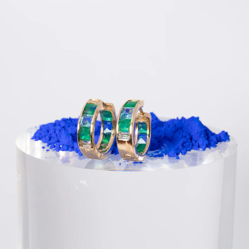 Piper Gore blue topaz faceted midi sphere with gold confetti dome hoops