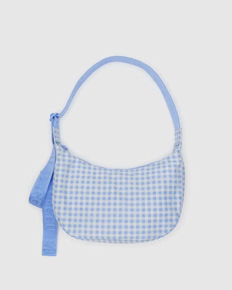 Baggu Medium Nylon Crescent Bag - Light Blue Gingham