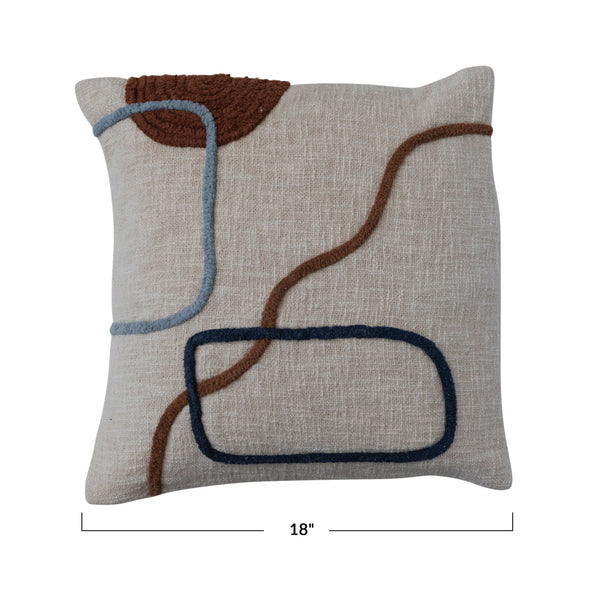 18" Square Cotton Slub Pillow w/ Embroidered Abstract Design, Down Fill