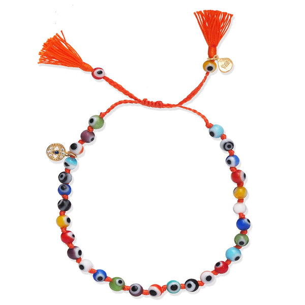 Tai Mixed color evil eye stone beads bracelet with CZ evil eye coin pendant- slide closure with orange tassel