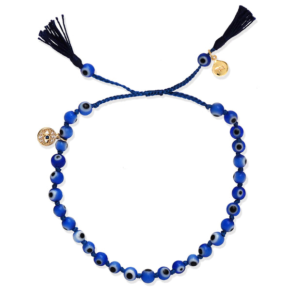 Tai Navy evil eye stone beads bracelet with CZ evil eye coin pendant- slide closure with navy tassel