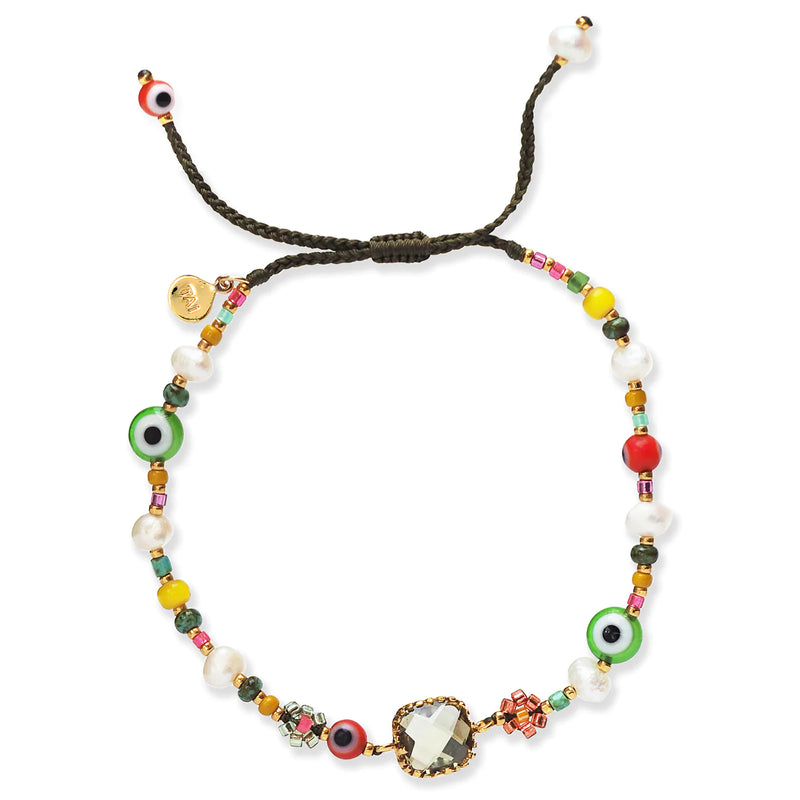 Tai Knotted slide closure bracelet with square glass, Japanese beaded daisy flower, fresh water pearl, evil eye glass beads, and multi color beads