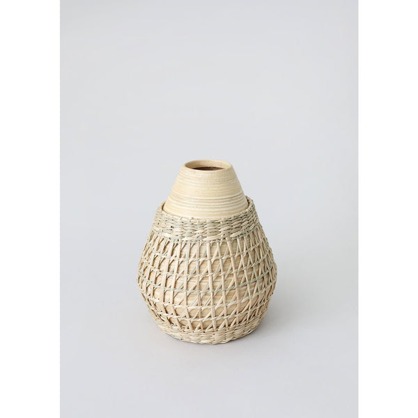 Coastal Bamboo Vase with Woven Seagrass Wrap - 6.75" Tall