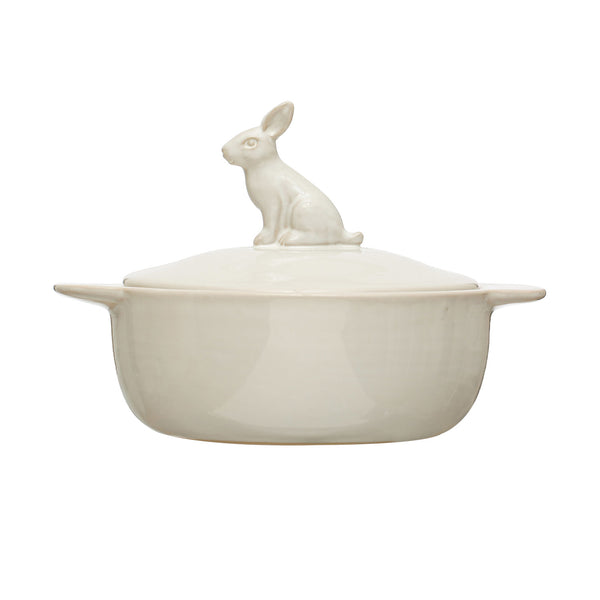 4 Cup Stoneware Baker w/ Rabbit Finial, White
