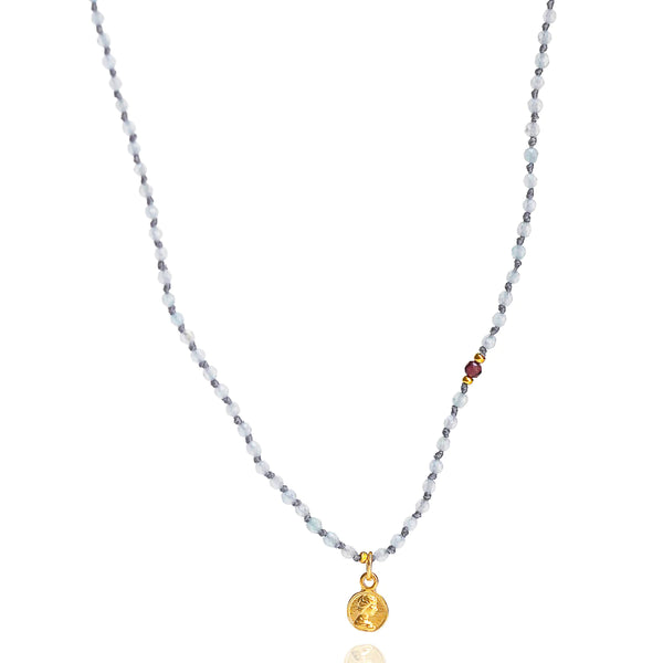 Tai Aquamarine faceted beaded necklace with red garnet bead and gold vintage coin pendant
