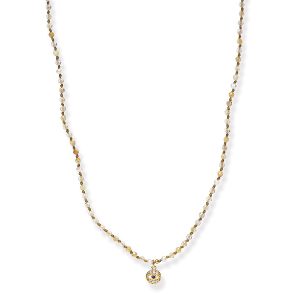 Tai Knotted necklace with gold RQ beads - round evil eye charm