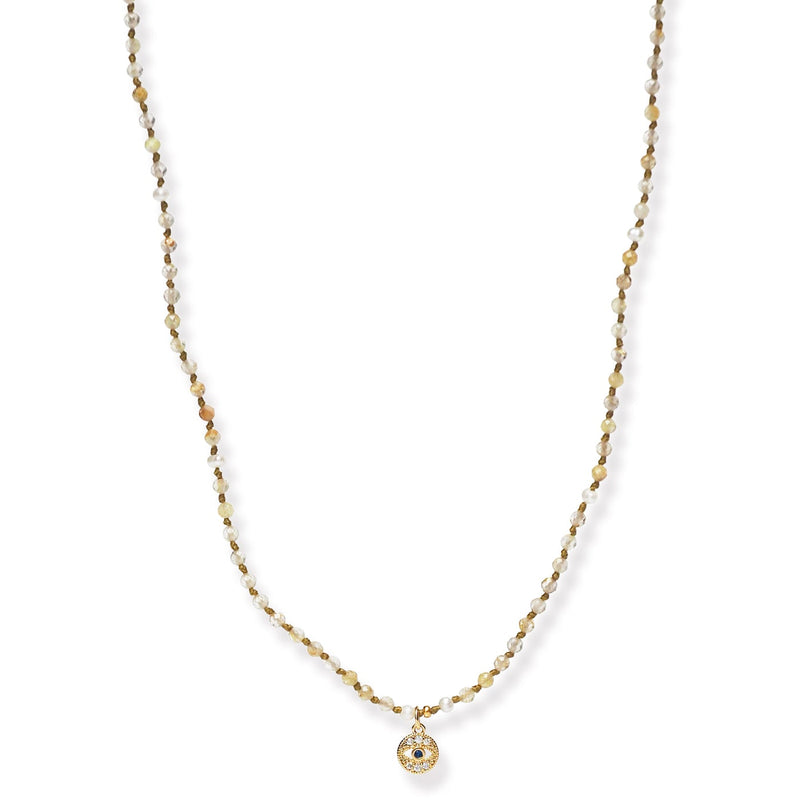 Tai Knotted necklace with gold RQ beads - round evil eye charm