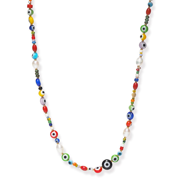 Tai Multi evil eye, coral bead, turquoise and fresh water pearls necklace