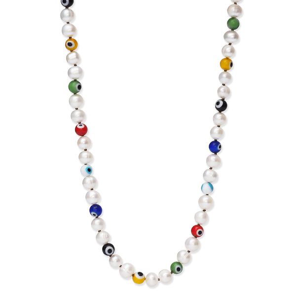 Tai Fresh water peel knotted necklace with multi colored glass evil eyes - lobster with extension