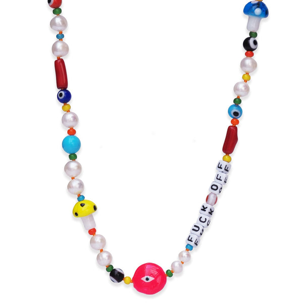 Tai Painted evil eye on fresh water pearl with multi precious stone, murano glass, and colorful beads knotted necklace