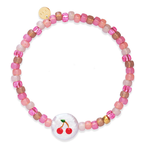 Tai Painted cherry on fresh water pearl with colorful Japanese beads elastic bracelet