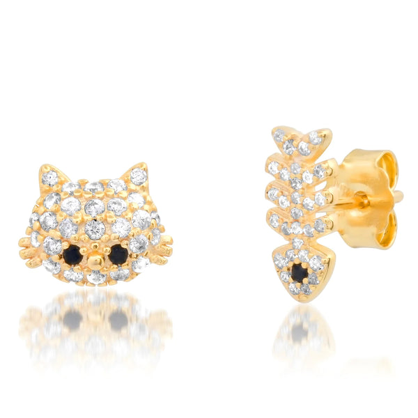 Tai Post earring cat and fish Clear/black CZ Sized: 9.5x7.66mm/10.9x5.24mm