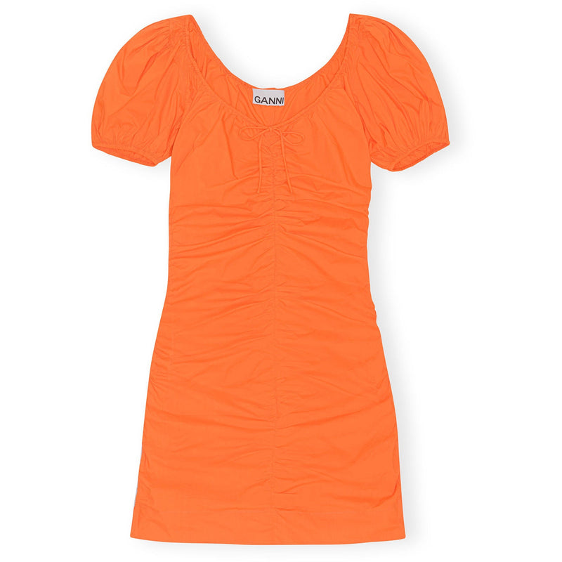 Ganni Cotton Poplin Gathered U-neck Mini Dress Vibrant Orange