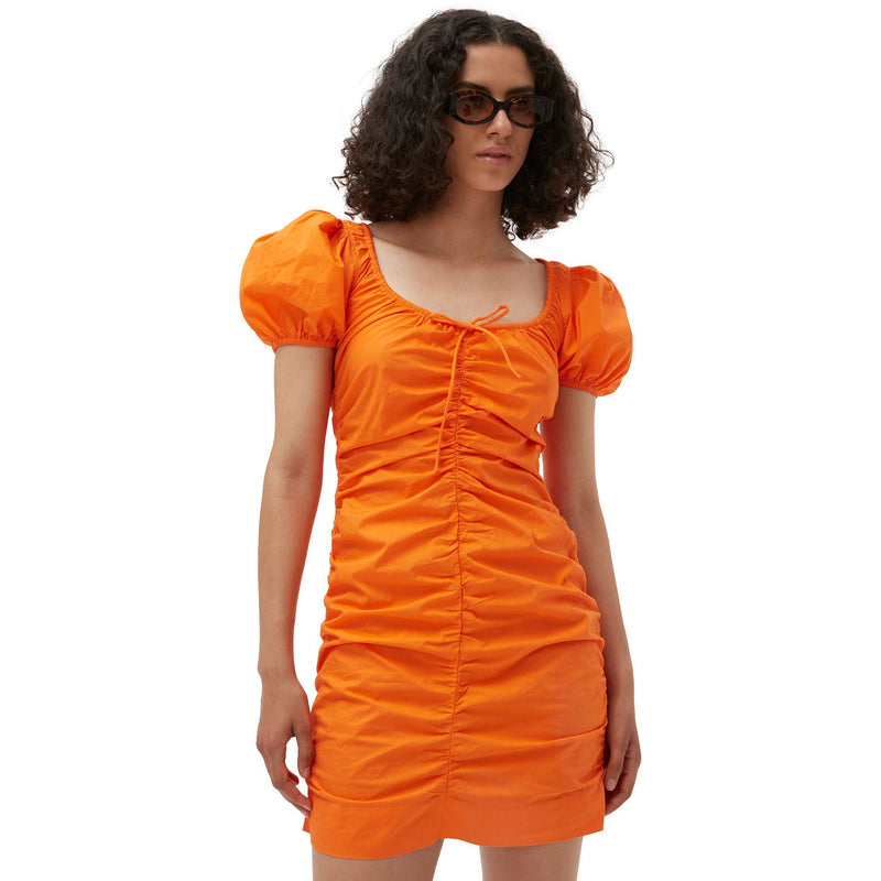 Ganni Cotton Poplin Gathered U-neck Mini Dress Vibrant Orange