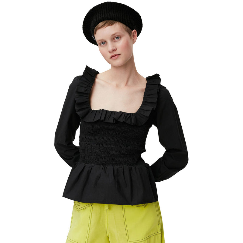 Ganni Cotton Poplin Open-neck Smock Blouse Black