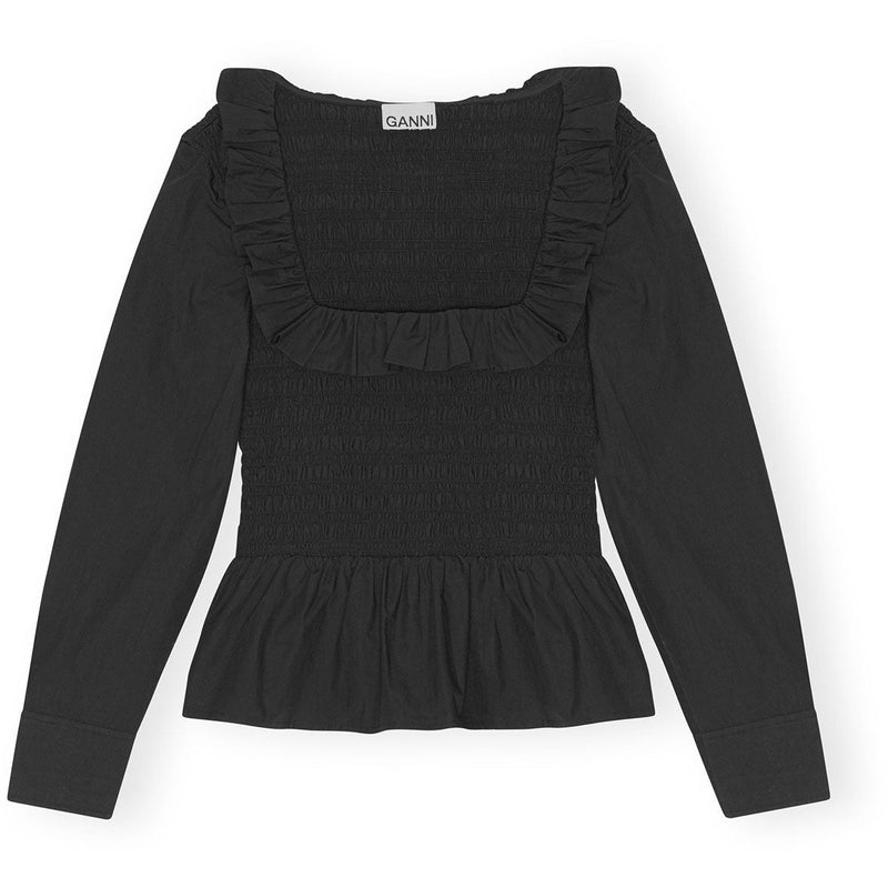 Ganni Cotton Poplin Open-neck Smock Blouse Black