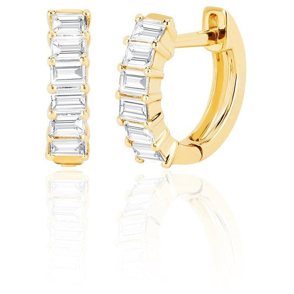 EF Collection Prong Set Diamond Baguette Huggie Earring Yellow Gold (PAIR)