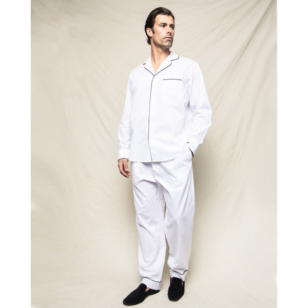 Petite Plume Men's Classic White Twill Pajama Set with Navy Piping