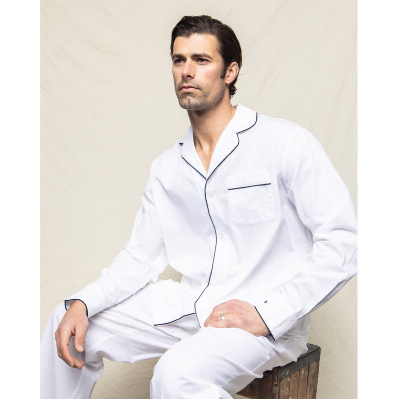 Petite Plume Men's Classic White Twill Pajama Set with Navy Piping