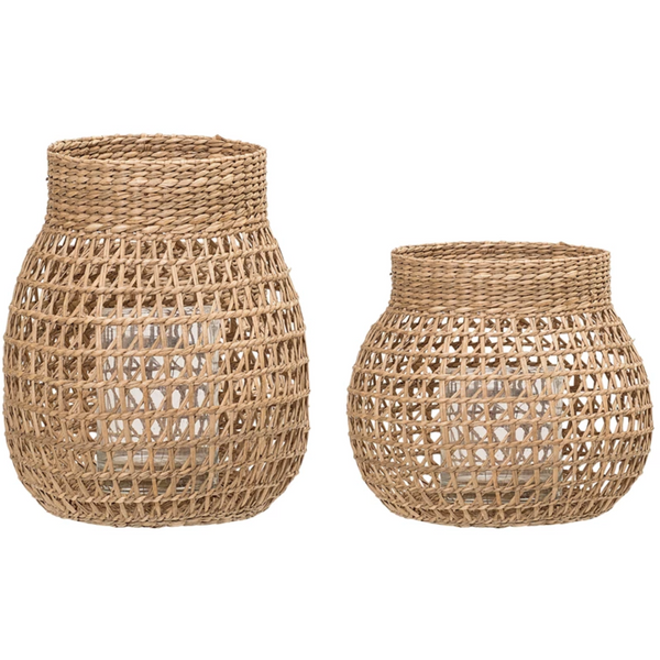Hand-Woven Seagrass Lanterns with Glass Insert, Set of 2