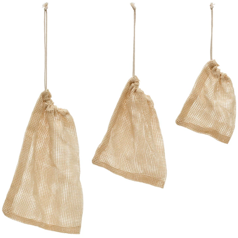 Cotton Mesh Drawstring Food Bags, Set of 3
