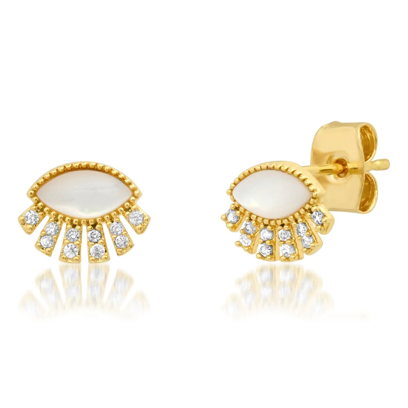 Tai Gold texture sunburst eye stud - white MOP/ crystal