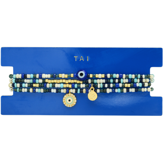 Tai Set of 4 - Seed beads elastic bracelet with evil eye and gold coin charms