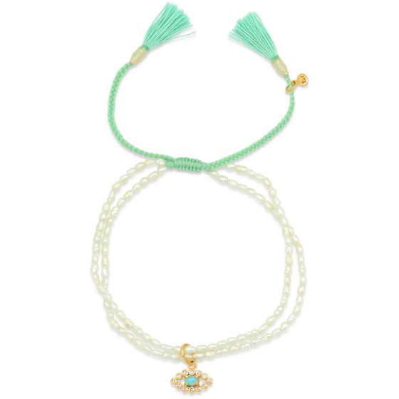 Tai Braided mint colored nylon double strand bracelet with seed pearls- opal evil eye charm